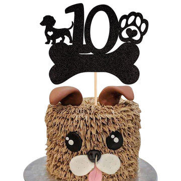 1 PCS 10th Birthday Cake Topper Black Glitter Dog Paw Ten Years Old Birthday Puppy Dog Bone Cake Pick for Let's Pawty Baby Showe