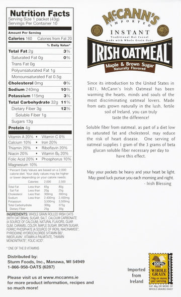 Mccann'S Instant Irish Oatmeal - Maple Brown Sugar - 15.1 Oz - 10 Ct