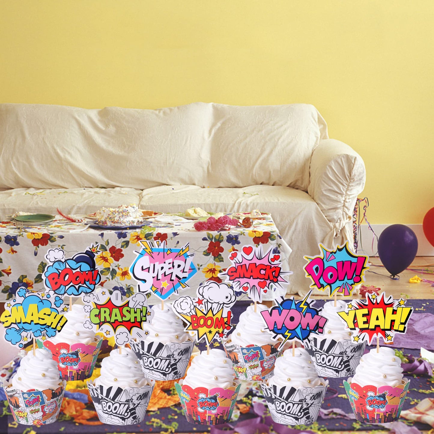 36 Pcs Superheros Cupcake Toppers And Wrappers Boom Pow Hero Cupcake Picks For Celebrating Kids Heros Theme Baby Shower Birthday