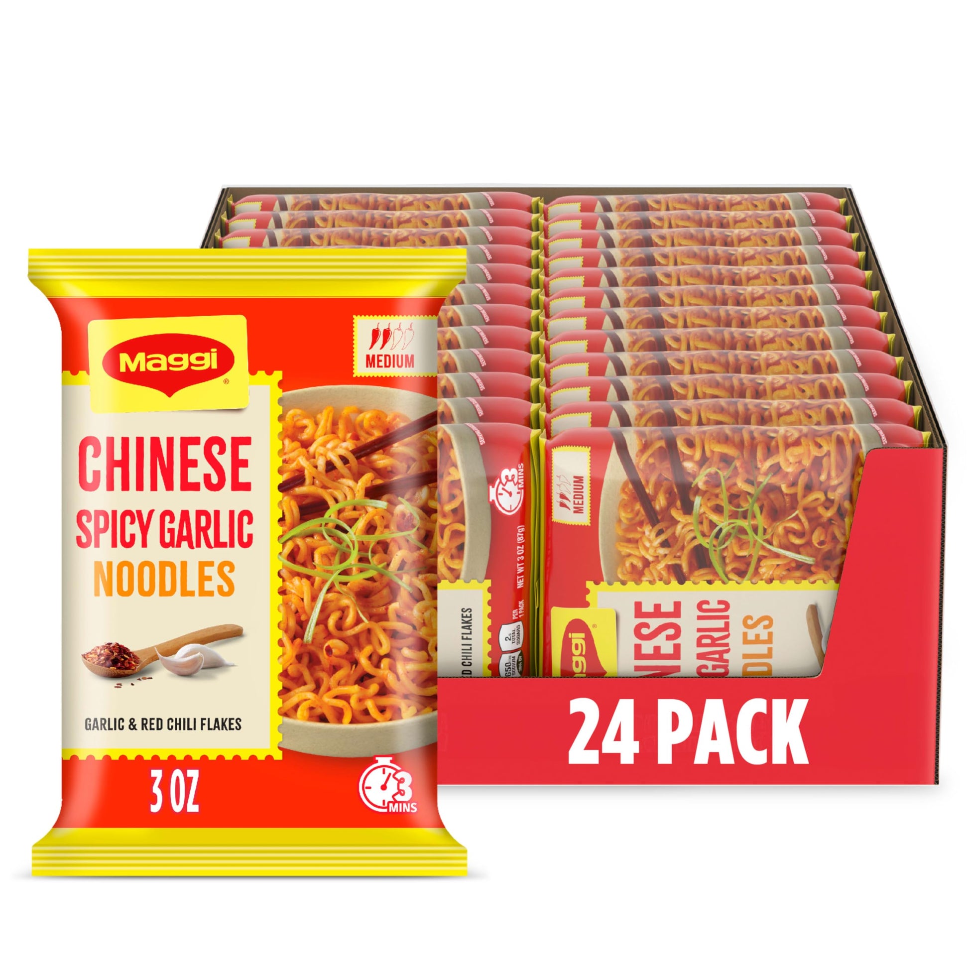 Maggi Chinese Spicy Garlic Noodles, Instant Ramen Noodles, 3 min, Vegetarian, Halal, Kosher, 24-Pack