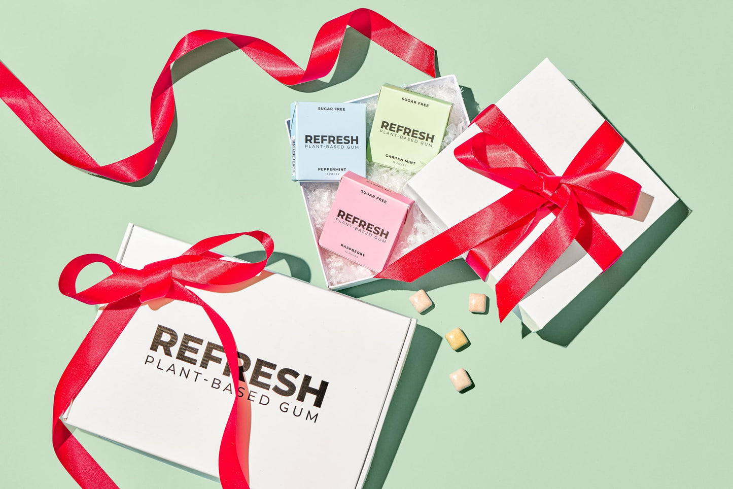 Refresh Gum, Xylitol, Natural, Sugar Free, Plastic Free, Natural Flavors & Organic Ingredients, Plant-Based, Non Gmo, Peppermint, Garden Mint & Raspberry Variety Pack, 12 Pcs, 6 Pack