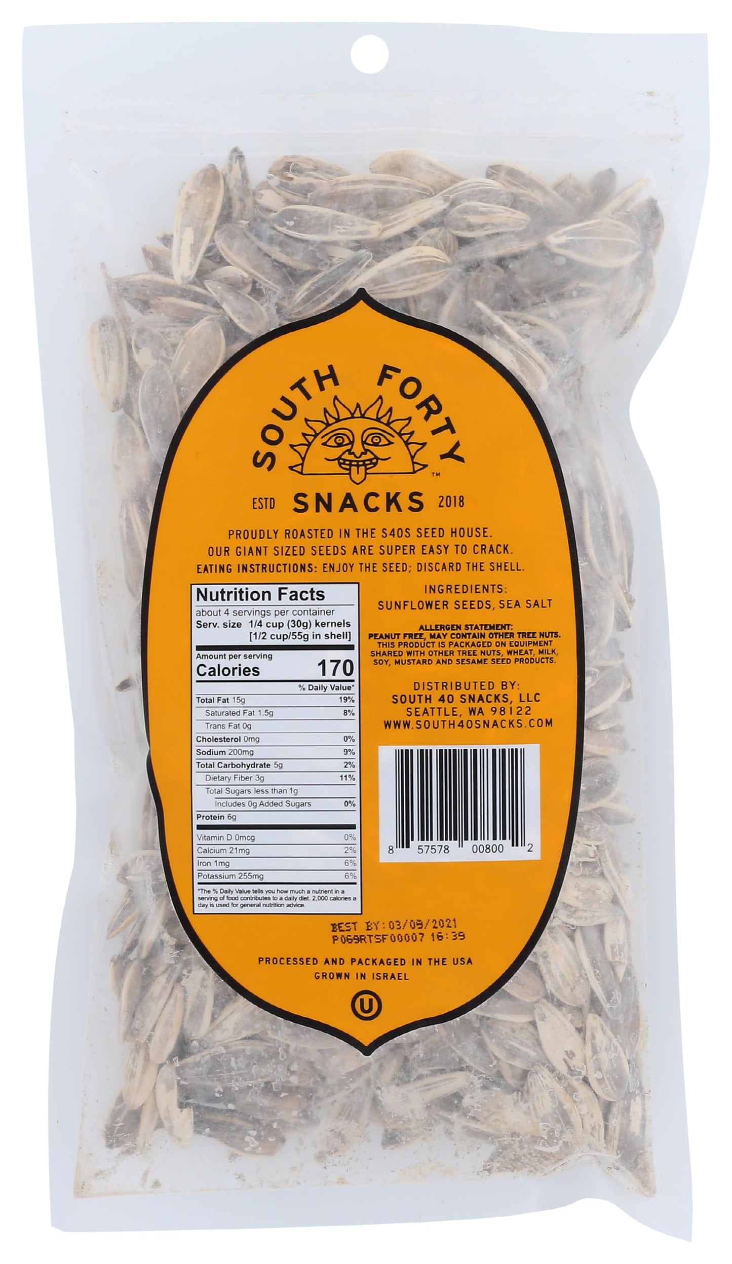 SOUTH 40 SNACKS Giant Sunflower Seeds with Salt, 8 Ounce, Pack of 1