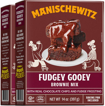 Manischewitz Fudgy Chocolate Brownie Mix With Fudge Frosting 12oz (2 Pack) | Grain Free, Kosher for Passover, Baking Pan Include