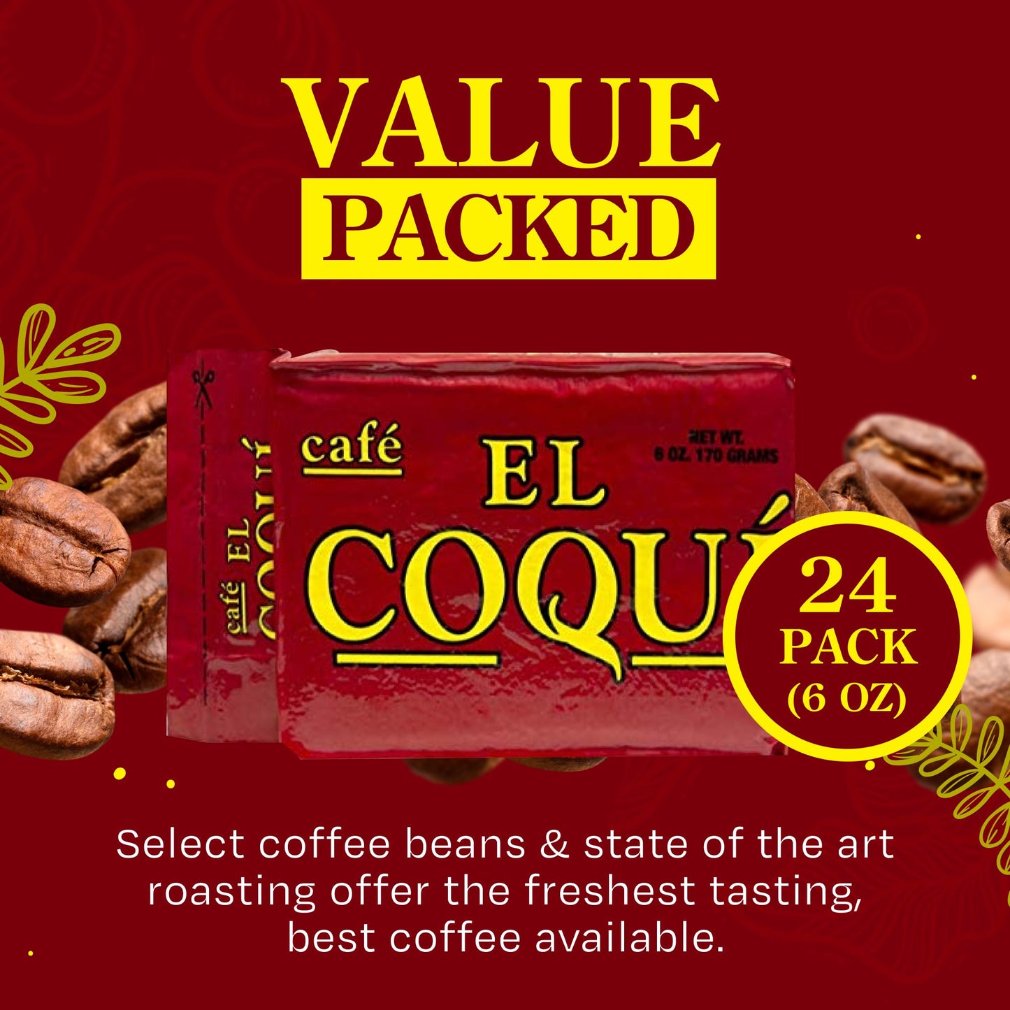 Cafe El Coqui Dark Roast Espresso Ground Coffee, 6 oz (Pack of 24), Authentic Puerto Rican Style, Vacuum Sealed
