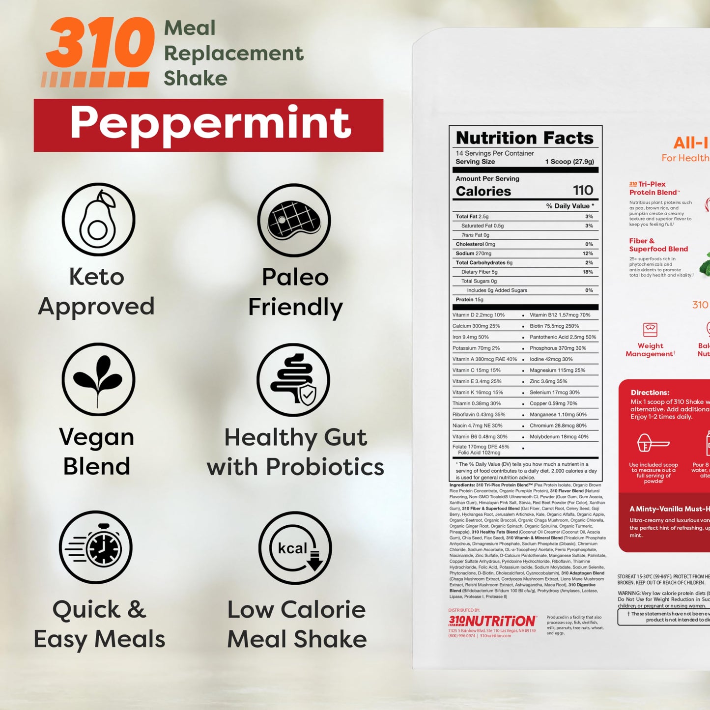 310 Nutrition All-In-One Meal Replacement Shake Powder - Plant-Based Protein Protein Powder with High-Fiber, Probiotics, Digesti