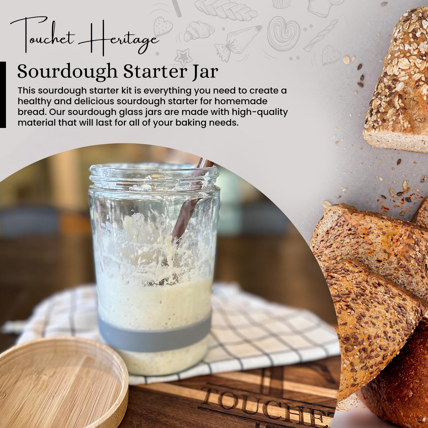 Touchet Heritage Sourdough Starter Jar - 32oz Thick Glass with Bamboo Lid, 6.5” x 4”, Includes Wooden Spoon & Silicone Measuring Band