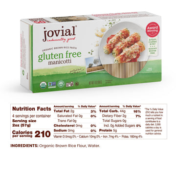 Jovial Whole Grain Brown Rice Manicotti Pasta - Gluten Free, Dairy Free, 7 Oz, 3 Pack