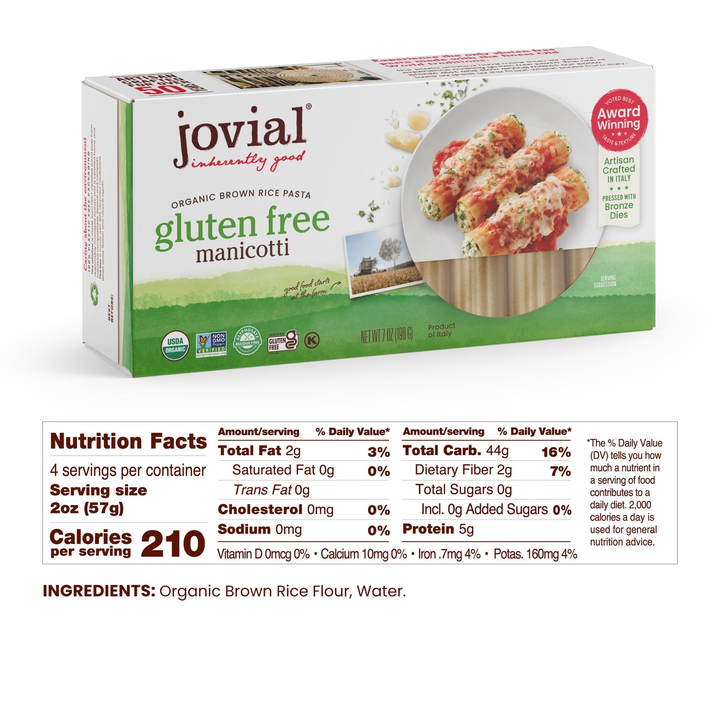 Jovial Whole Grain Brown Rice Manicotti Pasta, Organic, Gluten Free, Dairy Free, 7 Oz, Pack of 6
