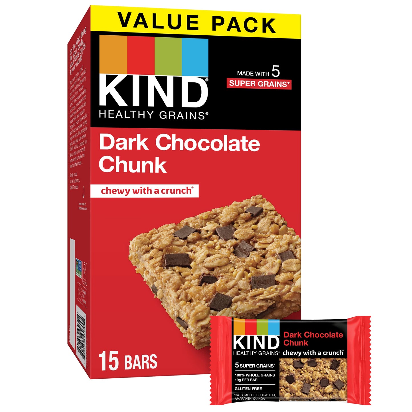 Kind Healthy Grains Bars, Dark Chocolate Chunk, 1.2 Ounce,Gluten Free, 15 Count (Pack Of 4)