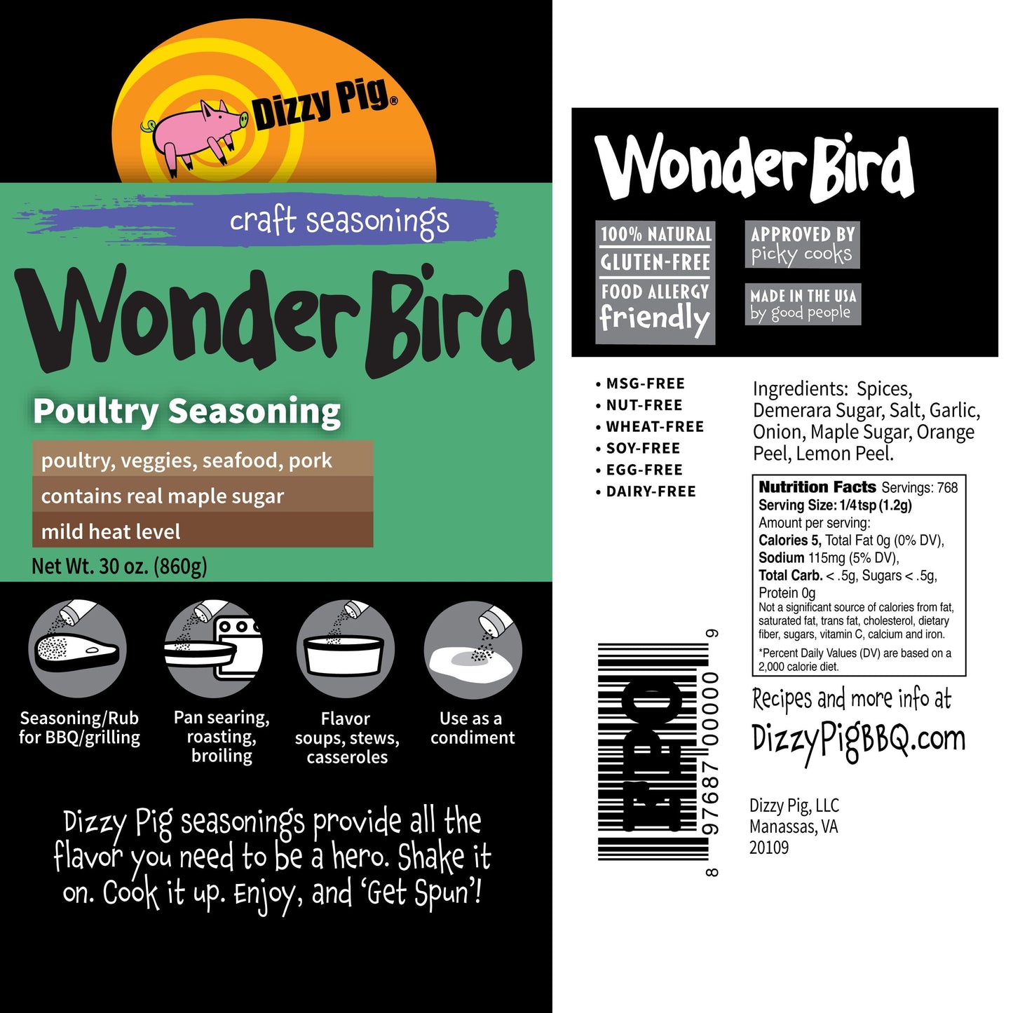 Dizzy Pig Wonder Bird Poultry Seasoning Rub (Quart Shaker) - Hand Made In The Usa - Seasons Around 120Lbs Of Food - Msg Free, Gluten Free