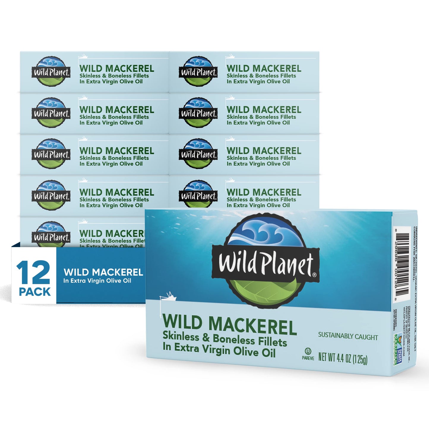 Wild Planet Wild Mackerel Fillets In Organic Extra Virgin Olive Oil, Skinless & Boneless, Tinned Fish, 4.4 Ounce ( Pack Of 12)