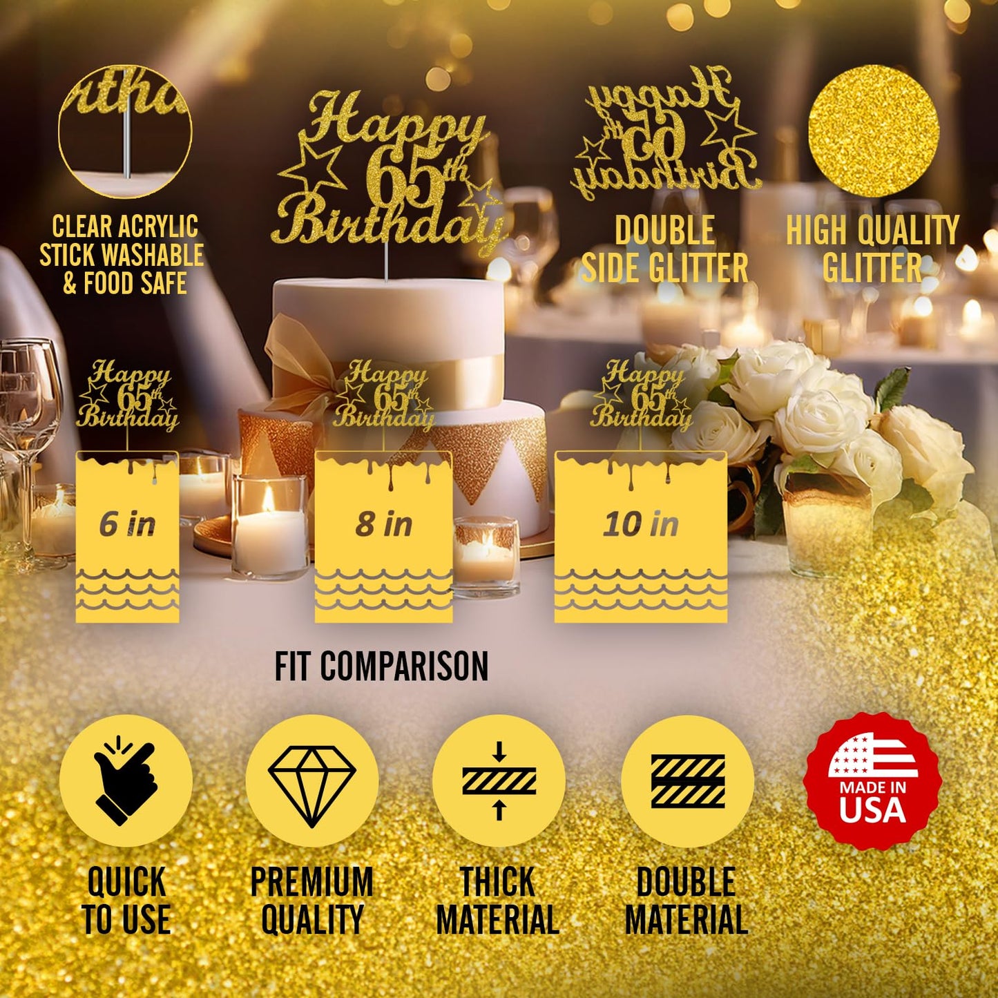 RokAPary 65th Birthday Cake Topper Gold Glitter, Acrylic, 1 Count, Sturdy Double-Sided, Made in USA