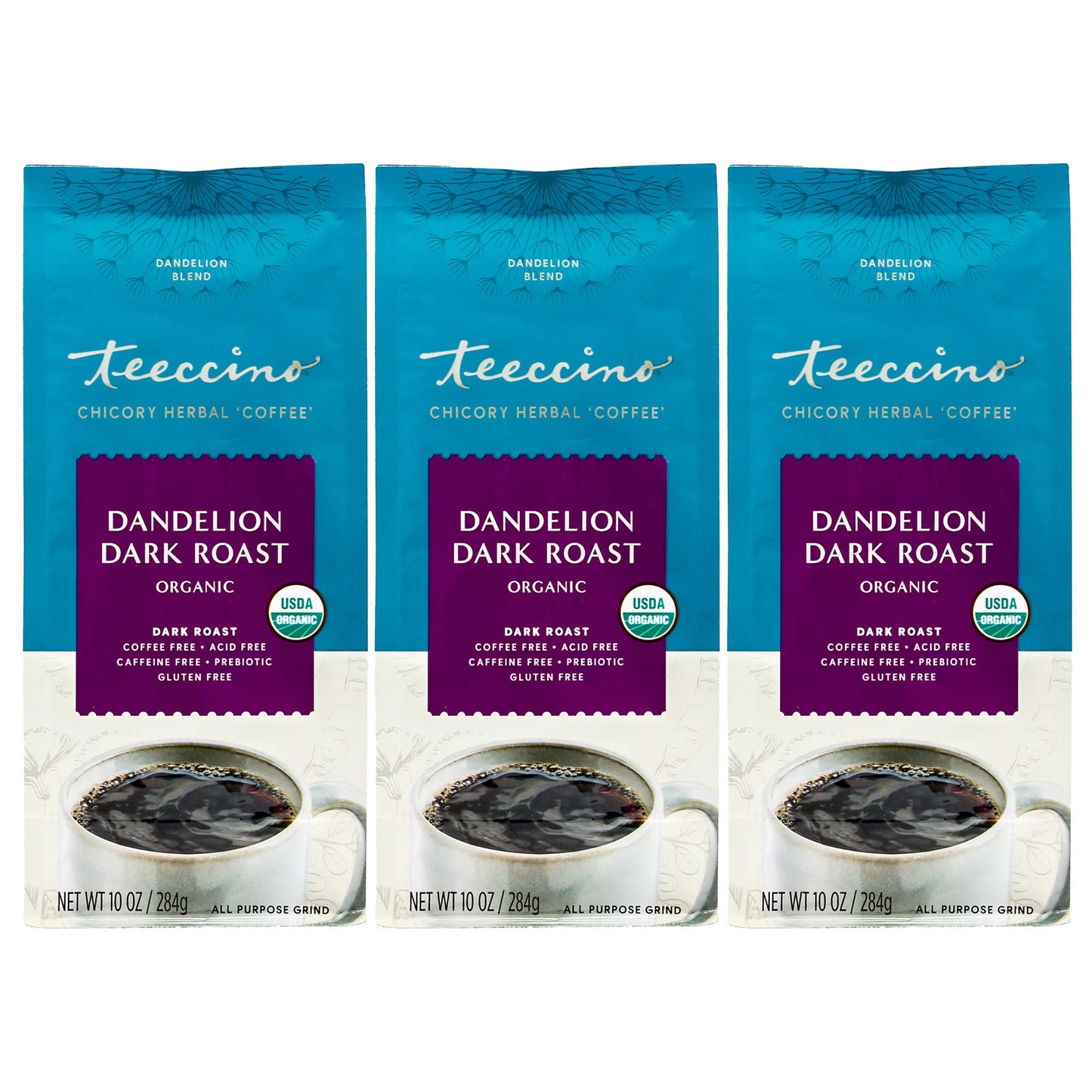 Teeccino Dandelion Dark Roast Herbal Coffee - Caffeine-Free, Organic, Gluten Free - 10 oz (Pack of 3)