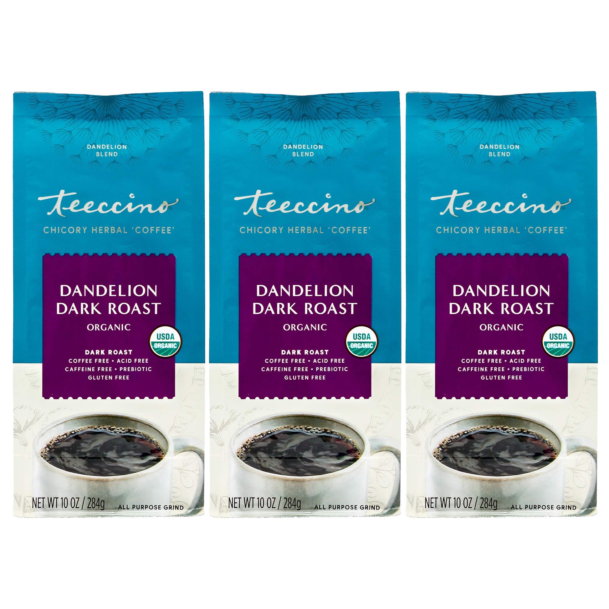 Teeccino Dandelion Dark Roast Herbal Coffee - Caffeine-Free, Organic, Gluten Free - 10 oz (Pack of 3)