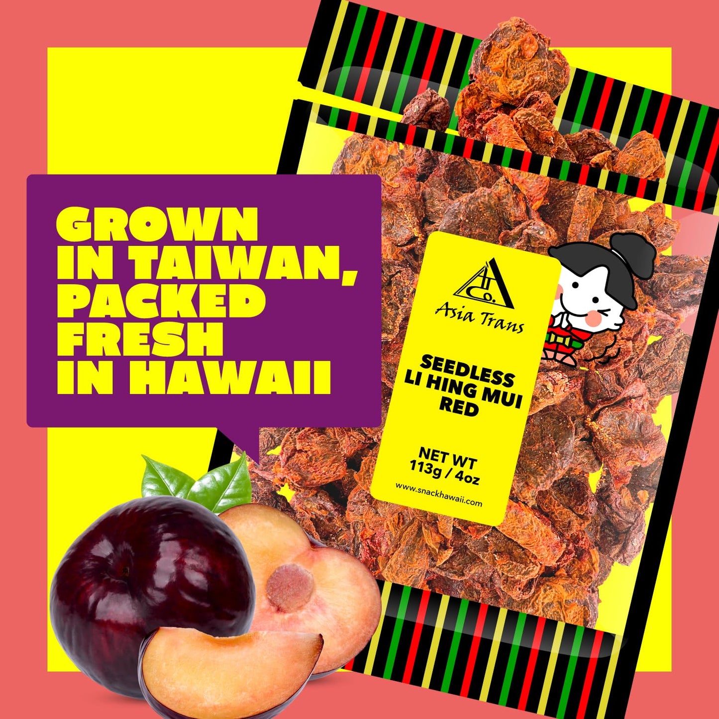 Asia Trans & Co. Dried Li Hing Mui   Seed Plums - Sweet, Sour & Salty - 3.98 Ounce Pack