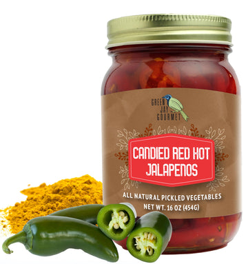 Green Jay Gourmet Pickled Candied Red Jalapeos in a Jar - Fresh Hand Jarred Vegetables for Cooking & Pantry - Pre-Prepared Pickl