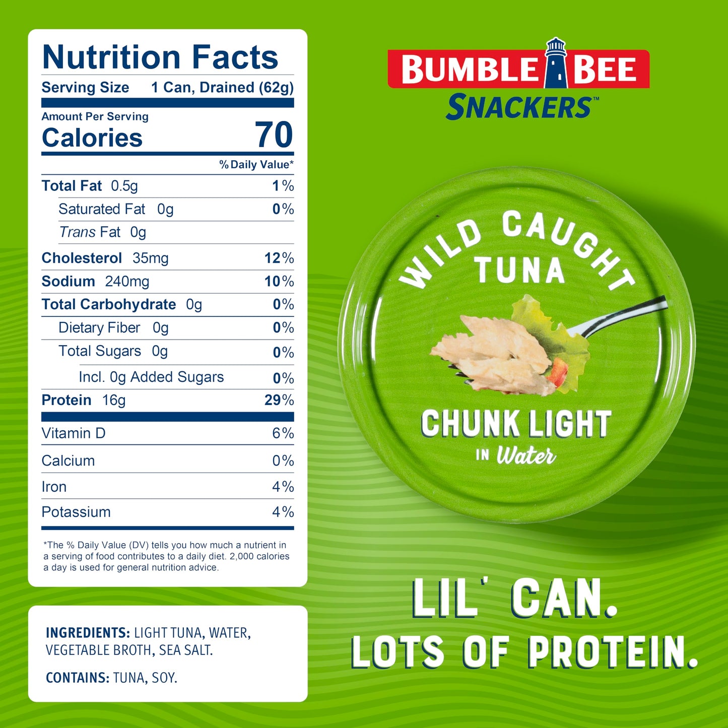 Bumble Bee Snackers - Chunk Light Tuna, 3 oz Easy Open Can - 16g Protein per Serving - Wild Caught Skipjack Chunk Light Tuna Pac