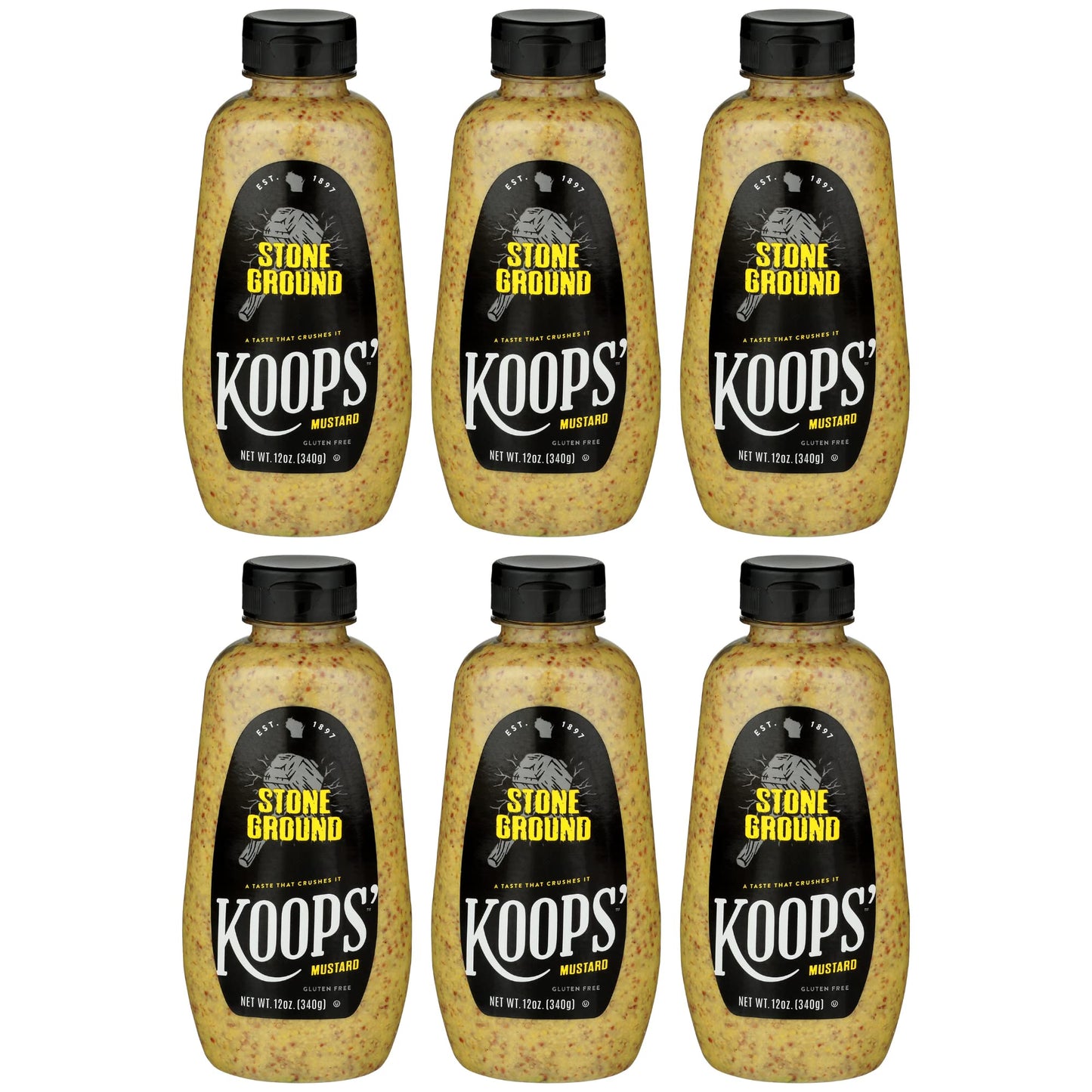 Koops' Stone Ground Mustard – Old-Fashioned Mustard, Gluten-Free, Kosher, Non-Gmo, Made In The Usa, From Quality Mustard Seeds, Robust And Coarse Flavor – 12 Oz, Pack Of 6