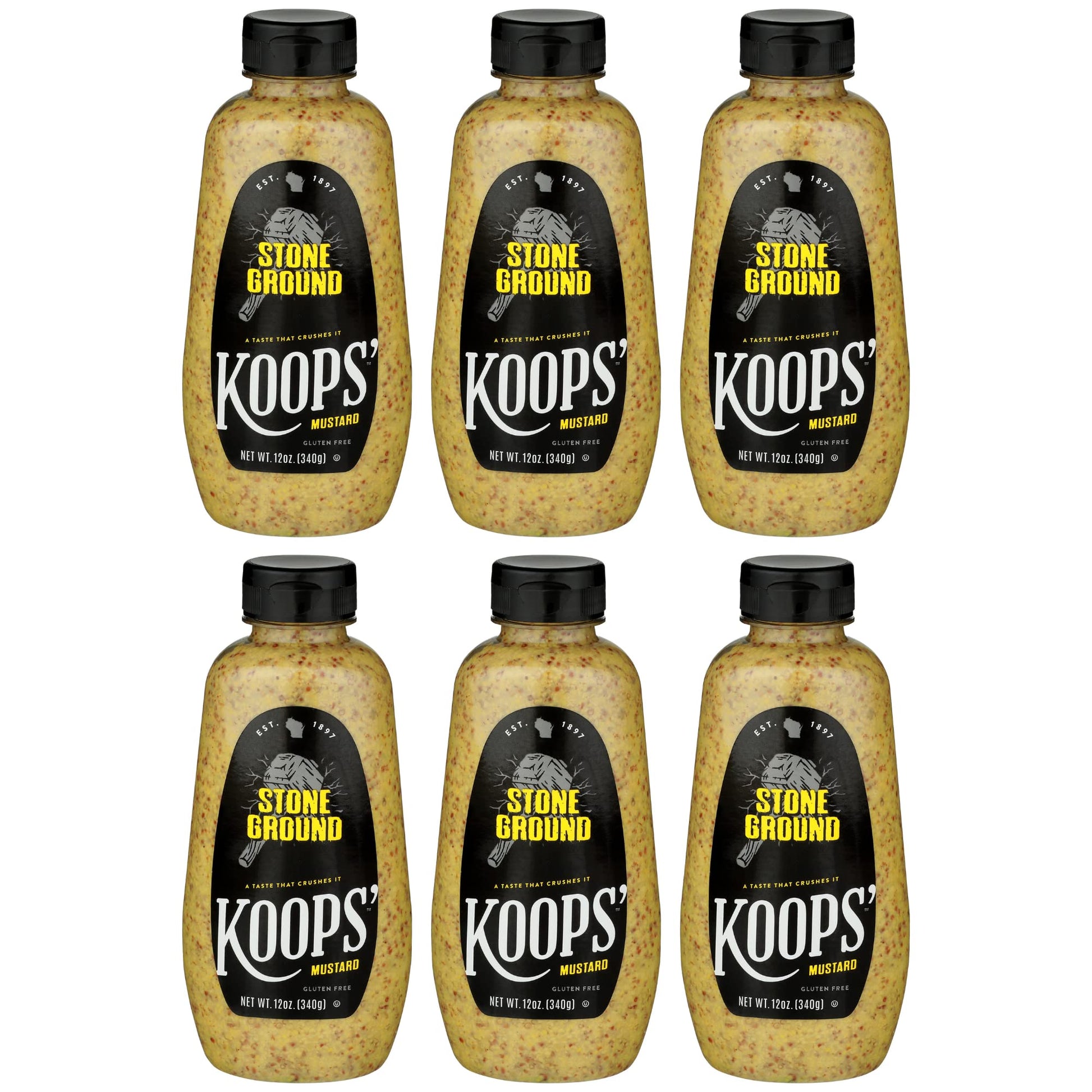 Koops' Stone Ground Mustard – Old-Fashioned Mustard, Gluten-Free, Kosher, Non-Gmo, Made In The Usa, From Quality Mustard Seeds, Robust And Coarse Flavor – 12 Oz, Pack Of 6