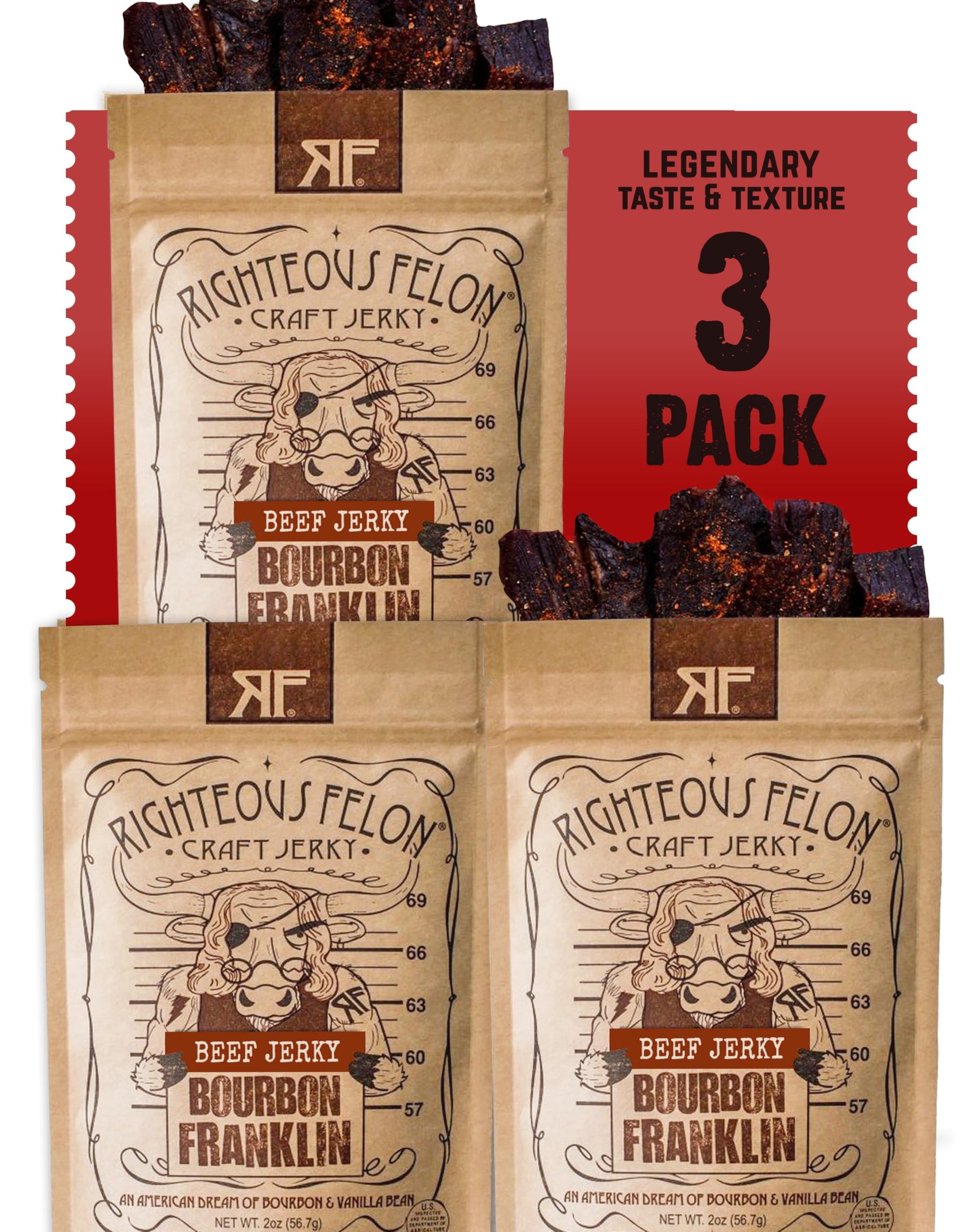 Righteous Felon Beef Jerky - Bourbon Franklin Flavor - Low-Sugar, High-Protein - 2 Ounces Each, Pack of 3