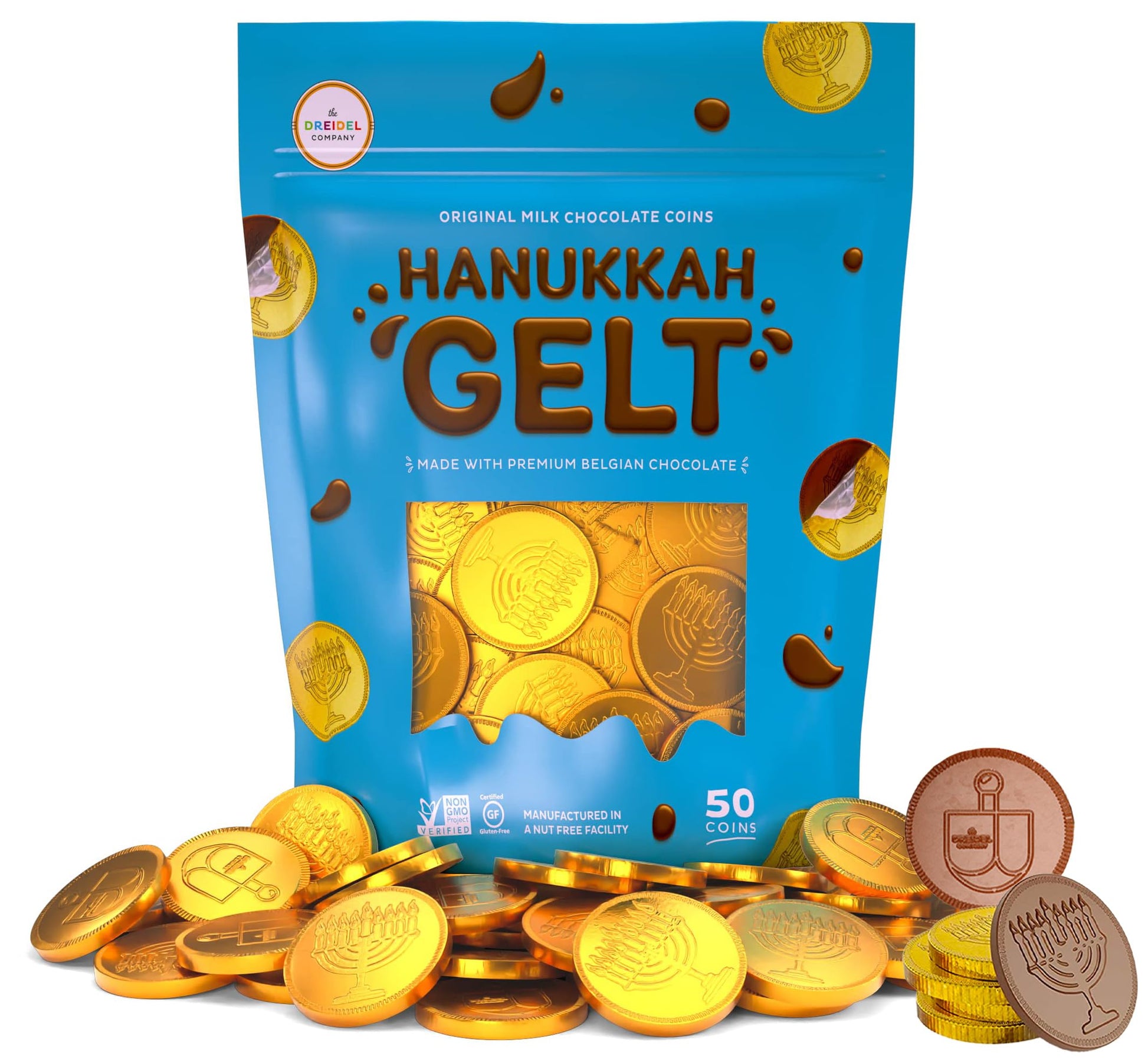 The Dreidel Company Original Milk Chocolate Coins - Hanukkah Gelt - Made With Premium Belgian Chocolate - Gluten Free - Non Gmo - Nut Free - Kosher Certified (50 Coins)