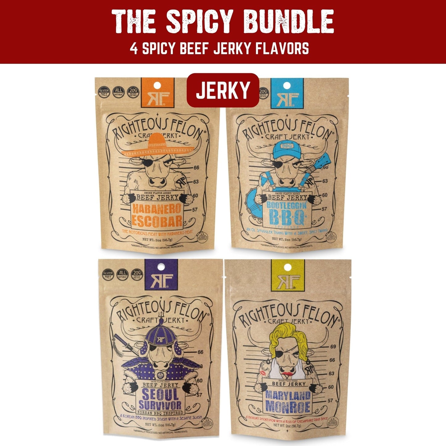 Righteous Felon Beef Jerky Variety Pack - Gluten Free, High Protein, Low Sugar Snacks, 2 Ounce (Pack of 4)