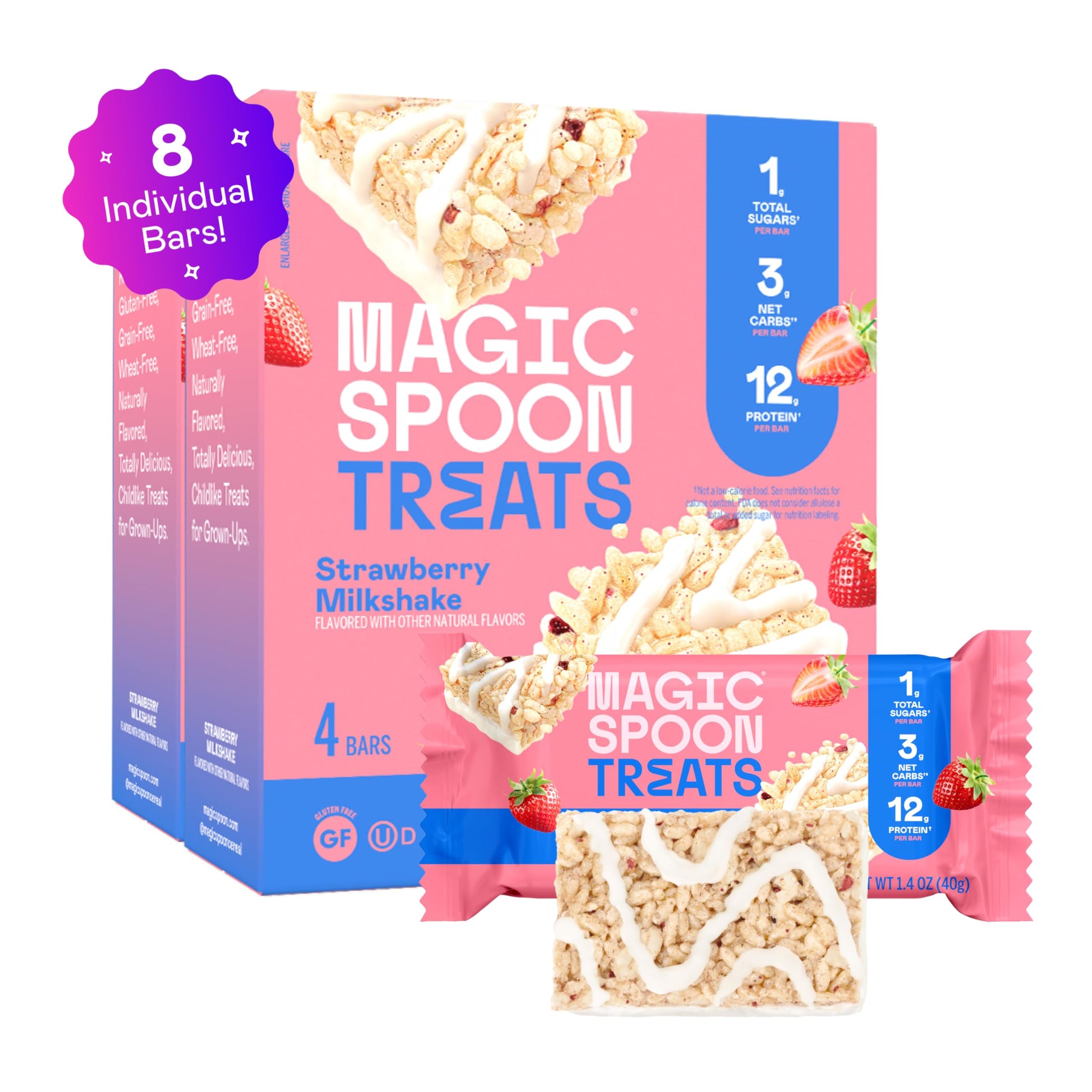 Magic Spoon Strawberry Milkshake Treats - High Protein, Low Carb, Gluten Free, 2 Pack Crispy Cereal Bars