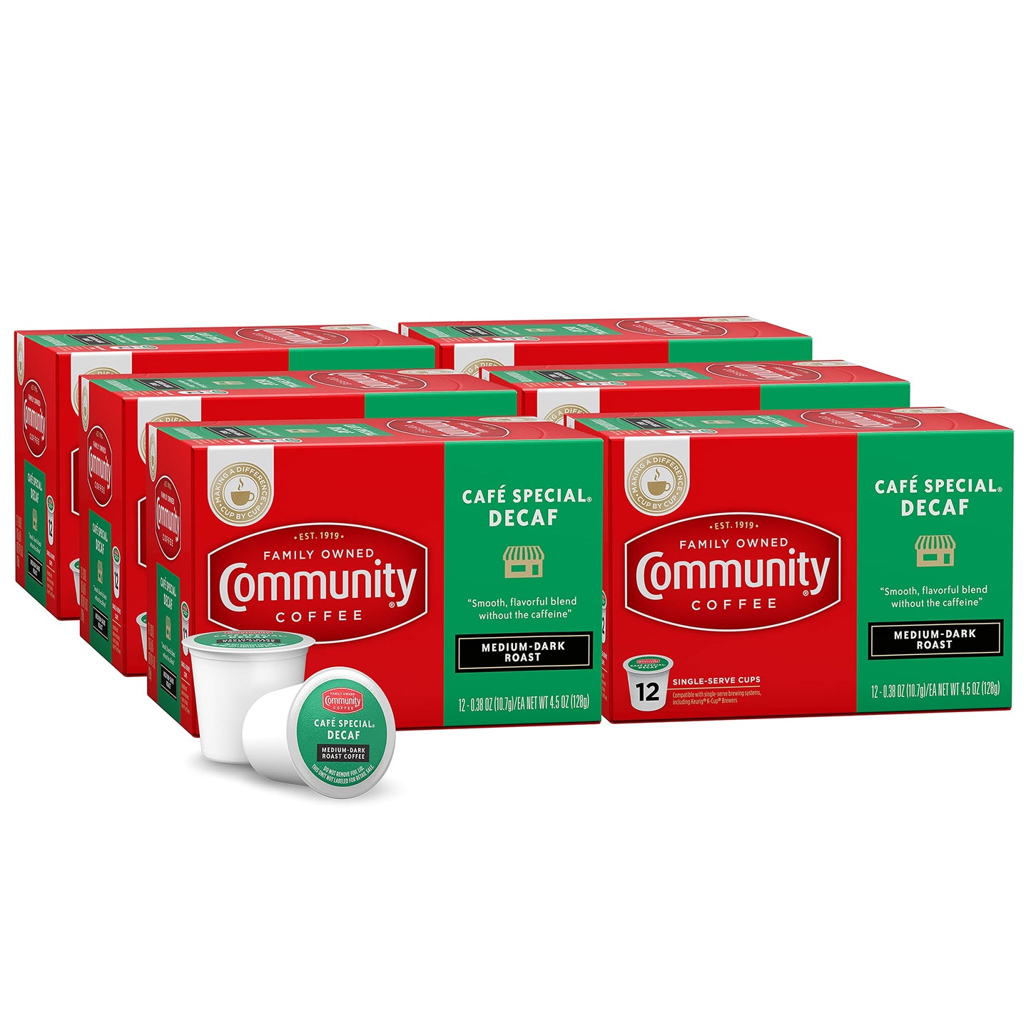 Community Coffee Café Special Decaf Coffee Pods, Medium Dark Roast, 72 Count (12 Count Pack of 6), Compatible with Keurig 2.0