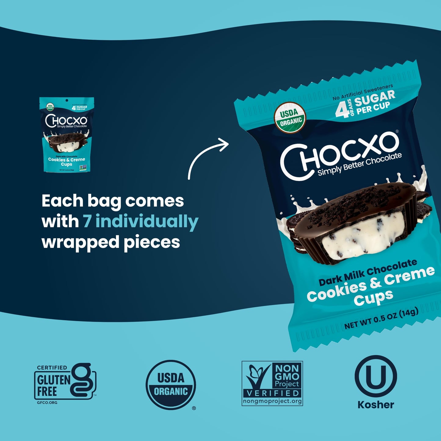 Chocxo Dark Milk Chocolate Cookies & Crème Cups - Lower Sugar, 69% Organic Cacao, Nongmo, Keto, Gluten Free, Kosher, No Artificial Sweeteners/Sugar  S, 3.45 Oz (Pack Of 6)