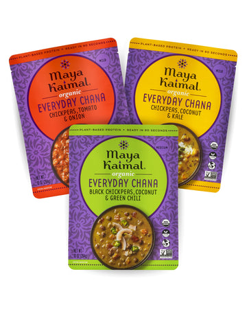 Maya Kaimal Organic Indian Everyday Chana Variety Pack - 10Oz, Pack Of 3-3 Flavors: Tomato & Onion, Coconut & Kale, Coconut & Gr