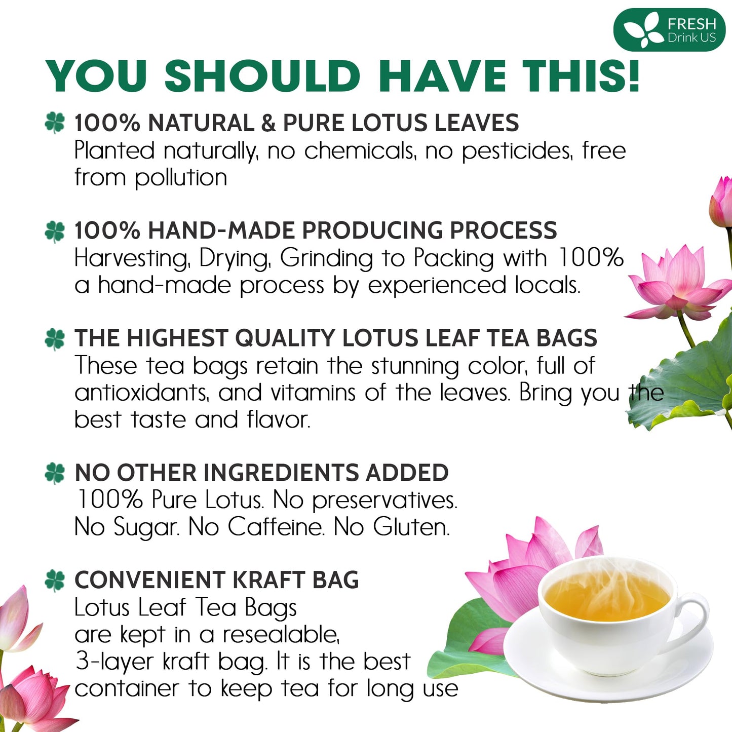 FRESHDRINKUS Lotus Leaf Tea Bags, 100% Natural, 135 Count, Eco-Conscious, No Sugar, No Caffeine, Vegan