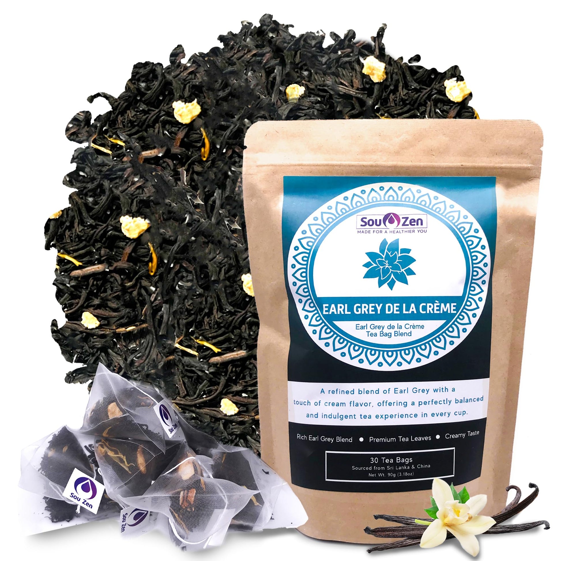 Sou Zen Earl Grey 30 Corn-Fiber Pyramid Tea Bags | Premium Loose Leaf Blend | Naturally Organic Ingredients, No Additives (Cream