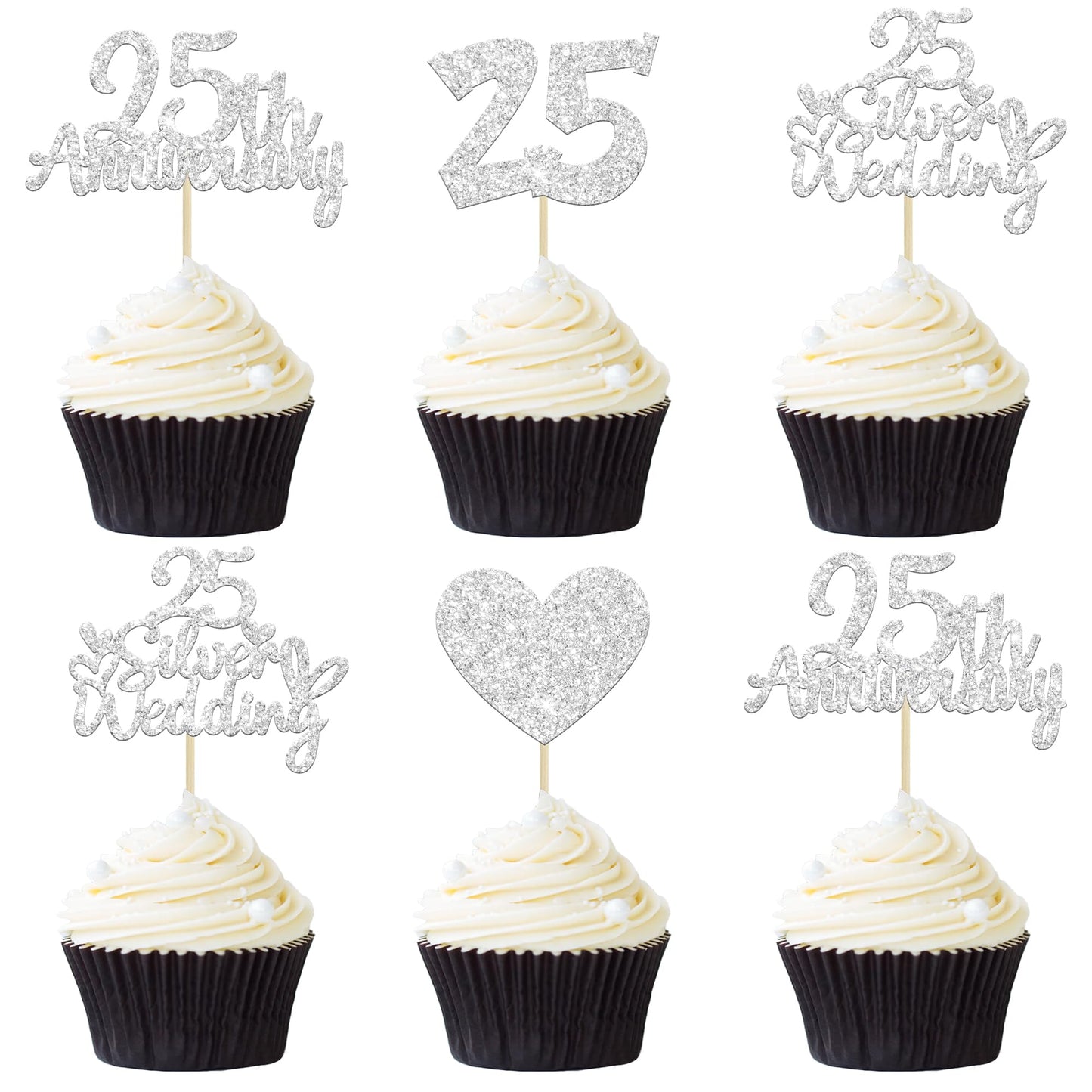Gyufise 24Pcs 25Th Anniversary Cupcake Toppers Silver 25Th Wedding Anniversary Heart Cake Decorations For 25 Silver Wedding Cele