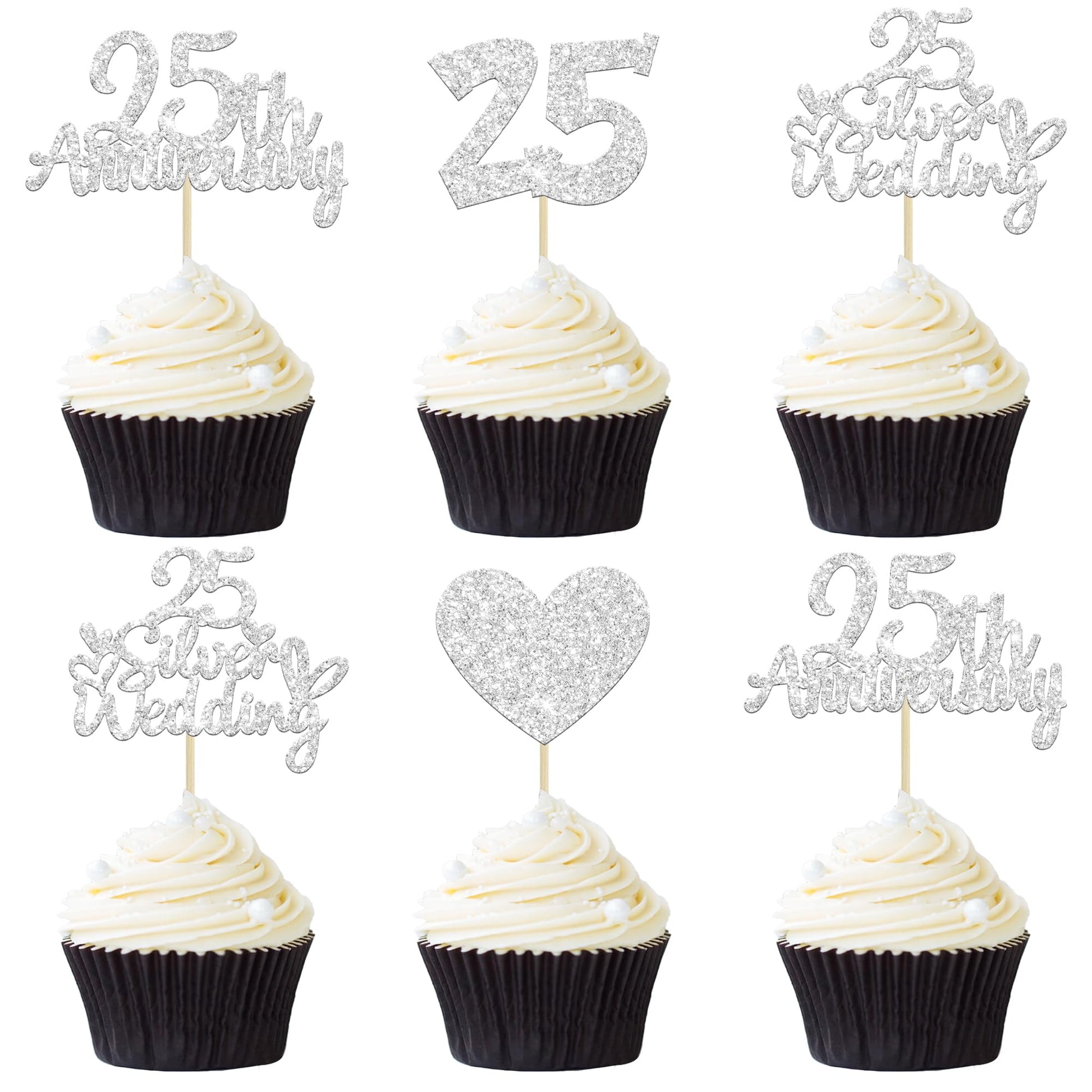 Gyufise 24Pcs 25Th Anniversary Cupcake Toppers Silver 25Th Wedding Anniversary Heart Cake Decorations For 25 Silver Wedding Cele