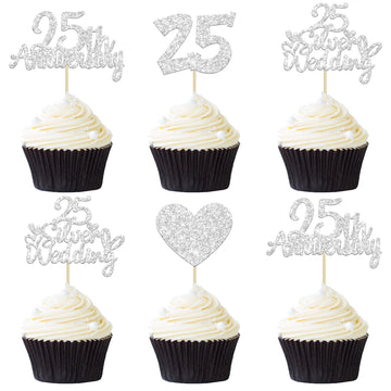 Gyufise 24Pcs 25Th Anniversary Cupcake Toppers Silver 25Th Wedding Anniversary Heart Cake Decorations For 25 Silver Wedding Cele