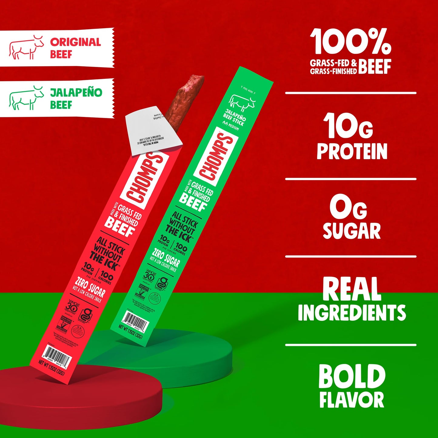 Chomps Grass Fed Beef Jerky Sticks Variety Pack, 10 Sticks (5 Original, 5 Jalapeno), 1.5 Ounce