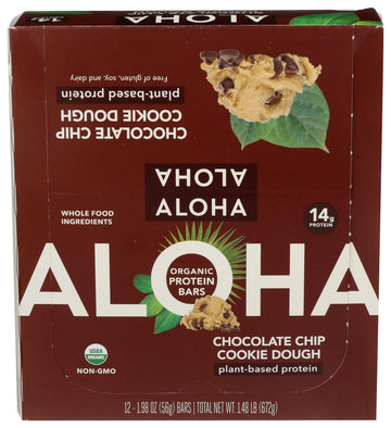 Aloha Organic Chocolate Chip Cookie Dough Protein Bars, 14g Plant-Based Protein, USDA Certified Organic, Gluten Free & Non-GMO,