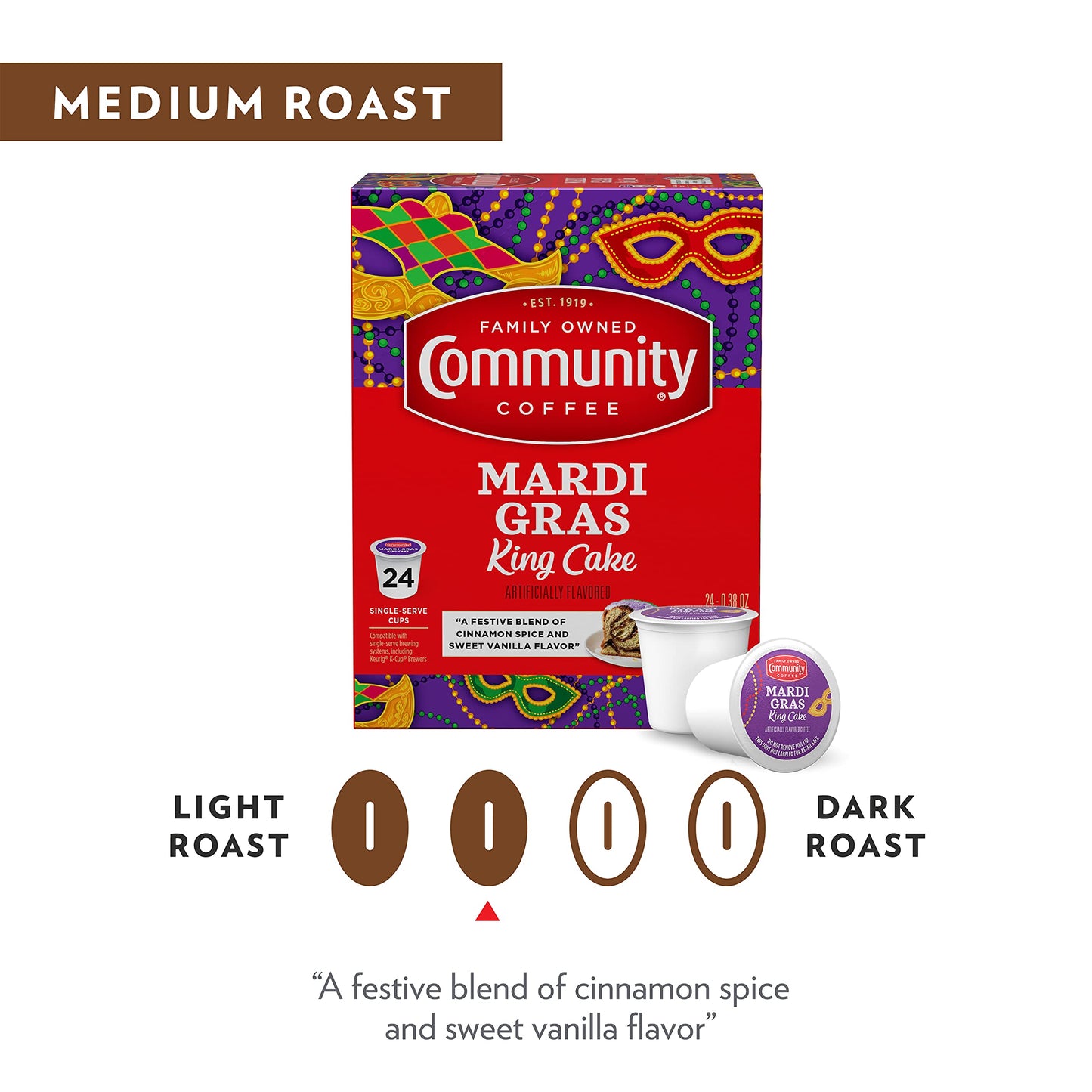 Community Coffee Mardi Gras King Cake Flavored Coffee Pods, Medium Roast, 24 Count, Compatible with Keurig 2.0