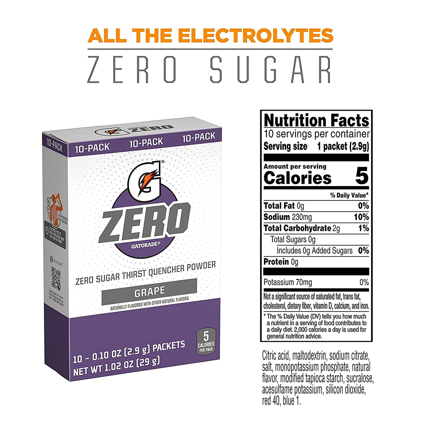 Gatorade G Zero Powder, Grape, 0.10Oz Packets, Makes 20 Ounces, 10 Count (Pack Of 12)