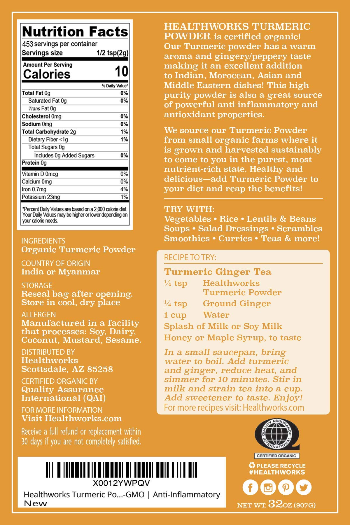 Healthworks Superfoods Organic Turmeric Powder - 32 Oz / 2 Lbs - Ground Raw Organic, Curcumin, Keto, Paleo, Vegan and Non-GMO