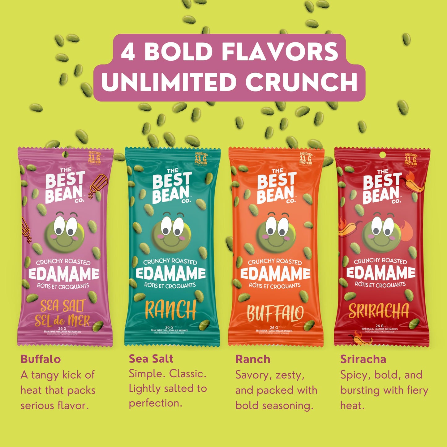 Best Bean Co. Crunchy Roasted Edamame - Variety Pack (24 Bags)  11g Protein per Bag  Healthy Snacks for mature-themeds and Kids  High-Protein Low Carb Keto  Free Snack Packs  0.9oz Each