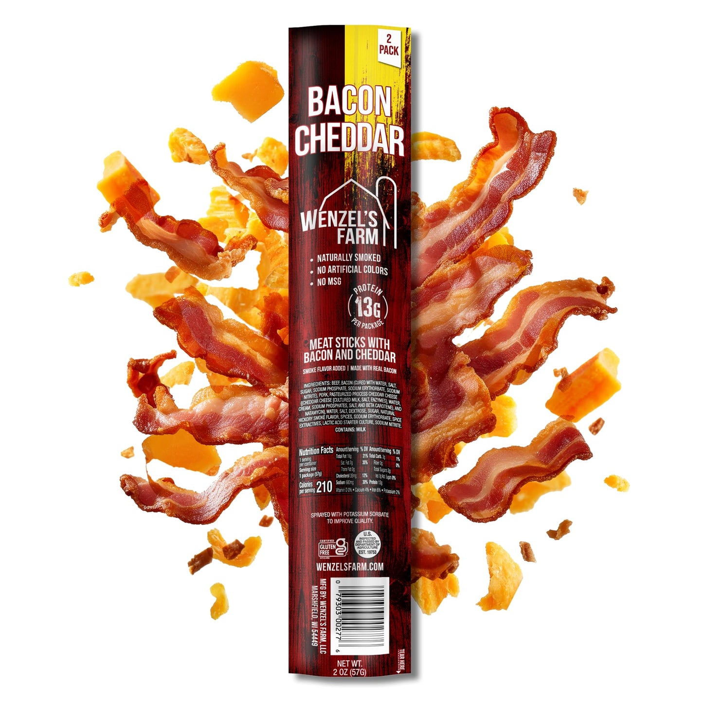 Wenzels Farm Bacon with Cheddar Sticks | High Protein, Low Carb | Gluten Free | 16 Ounce (Pack of 1)