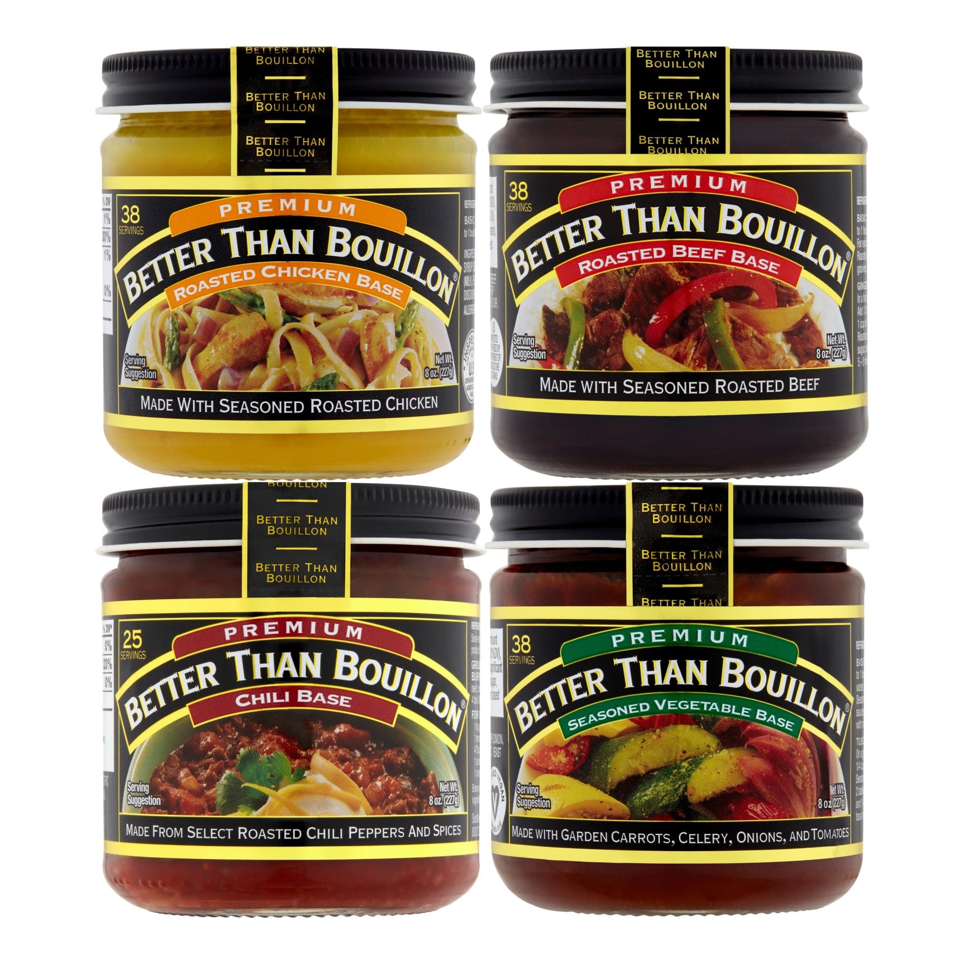 Better Than Bouillon Premium Base Variety Pack, 1 Roasted Chicken Base, 1 Roasted Beef Base, 1 Chili Base, 1 Seasoned Vegetable 