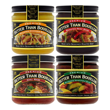 Better Than Bouillon Premium Base Variety Pack, 1 Roasted Chicken Base, 1 Roasted Beef Base, 1 Chili Base, 1 Seasoned Vegetable 