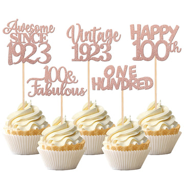 30Pcs Vintage 1923 Cupcake Toppers Glitter One Hundred 100 Fabulous Happy 100Th Birthday Cupcake Picks Awesome Since 1923 Cake D