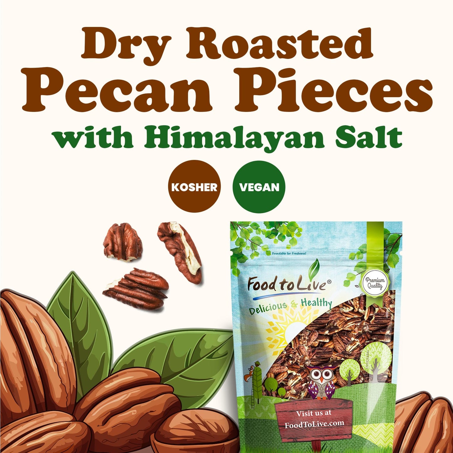 Food To Live Dry Roasted Pecan Pieces With Himalayan Salt, 1 Pound - Oven Roasted, Lightly Salted, No Oil Added, Perfect For Coo