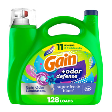 Gain + Odor Defense Liquid Laundry Detergent, He Compatible, Super Fresh Blast Scent, 184 Fl Oz, 128 Loads