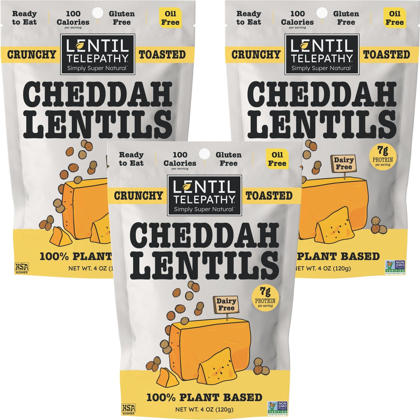 Lentil Telepathy Cheddah Crunchy Whole Lentil Snack, Vegan Cheddar Flavor, OIL FREE, Never Fried, Plant Based, Gluten Free, 4 oz