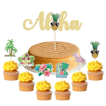 Gyufise 25Pcs Tropical Theme Cupcake Toppers With Aloha Cake Topper Palm Tree Turtle Leaves Flamingo Pineapple Cupcake Picks For