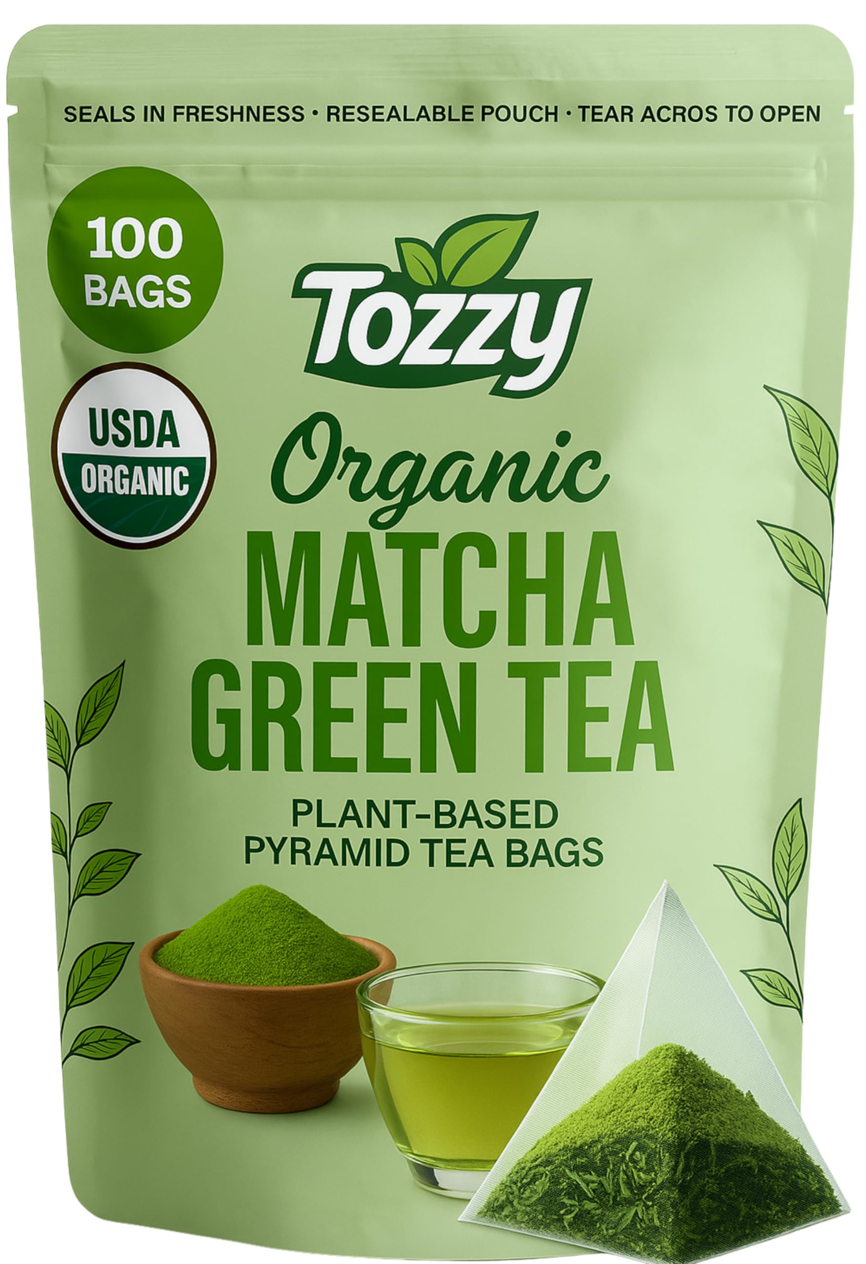 Tozzy Organic Matcha Green Tea - 100 Count  Plant-Based Pyramid Tea Bags | Ceremonial Matcha + Whole Leaf Sencha